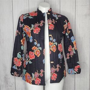 VTG 70s TWO POTATO Black Floral Boho Asian Quilted Jacket, sz 11/12